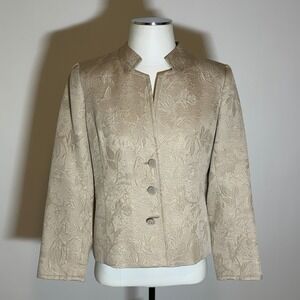 Talbots Silk Blend Jacquard Mandarin Collar Blazer Jacket Tan Women Petite Sz 6P